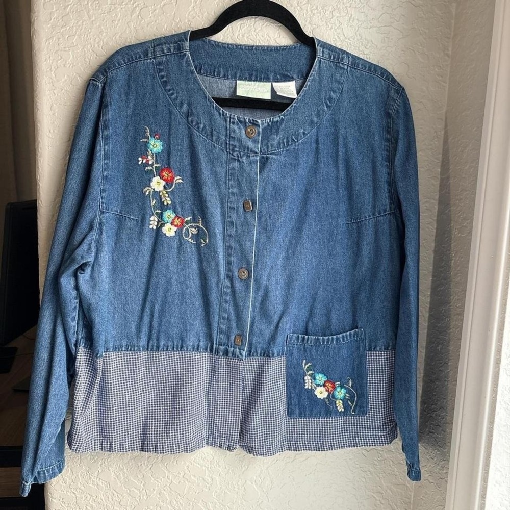 Vintage 220 Hickory Embroidered Denim Floral‎ Button Down Pocket Top Jacket XL